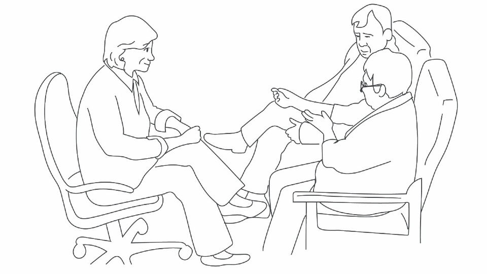 Line drawing of a doctor talking to two people by adozeneggs. 