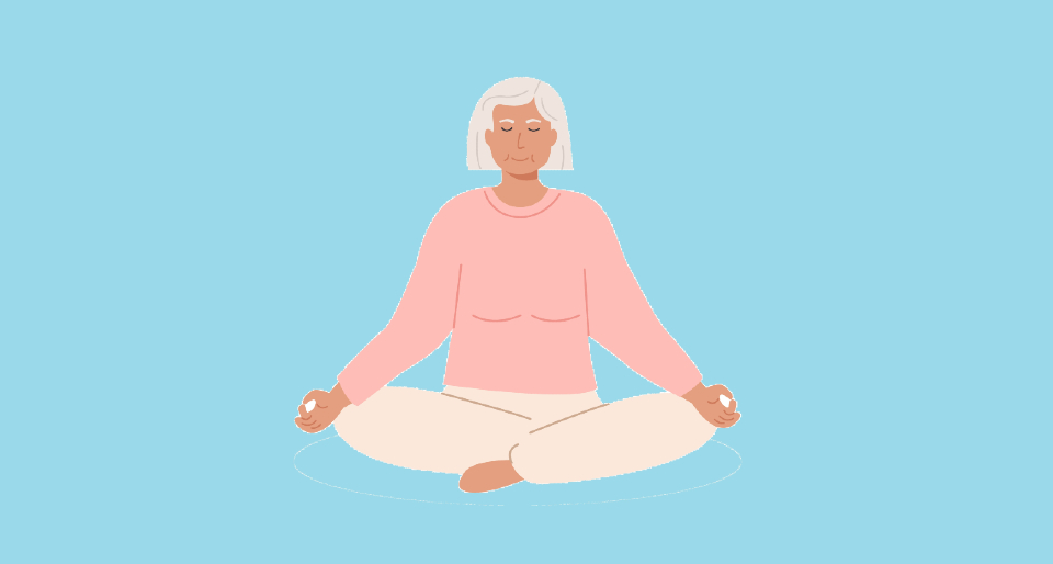Illustration of a woman in a pink jumper sat cross-legged, meditating. 
