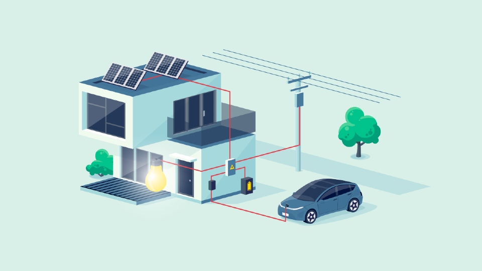 An illustration of an EV vehicle charing from a house. 