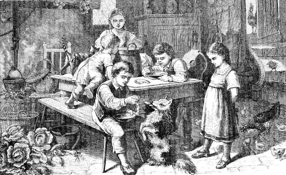 Sketch of a child feeding a dog at the dinner table 