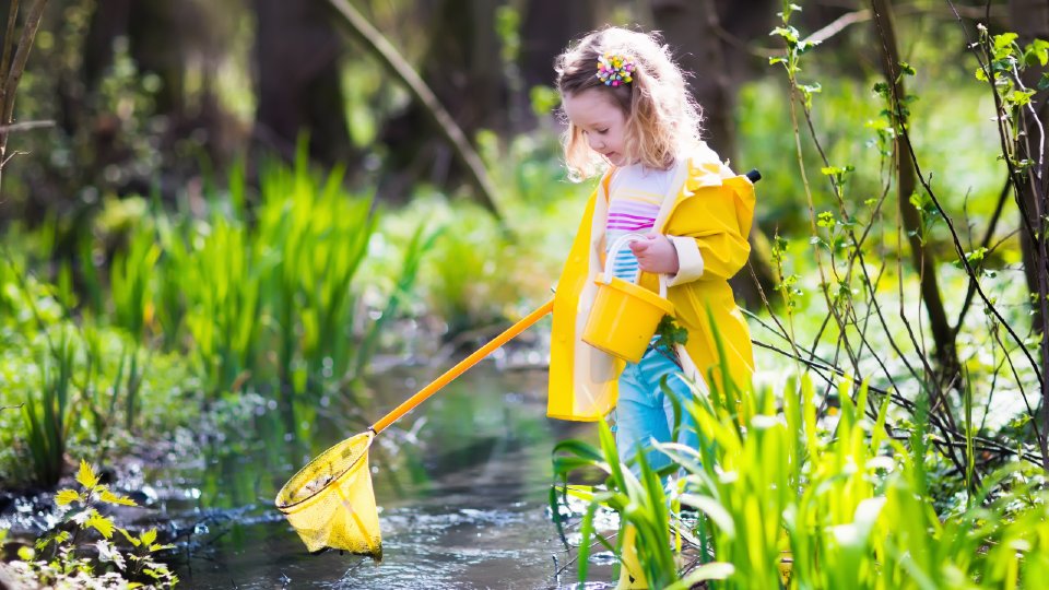 Young girl in yellow with a net in a pond 