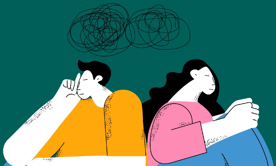 An illustration of a man and woman sat back to back with speech bubbles above their heads that contain scribbles, to imply they are arguing. 