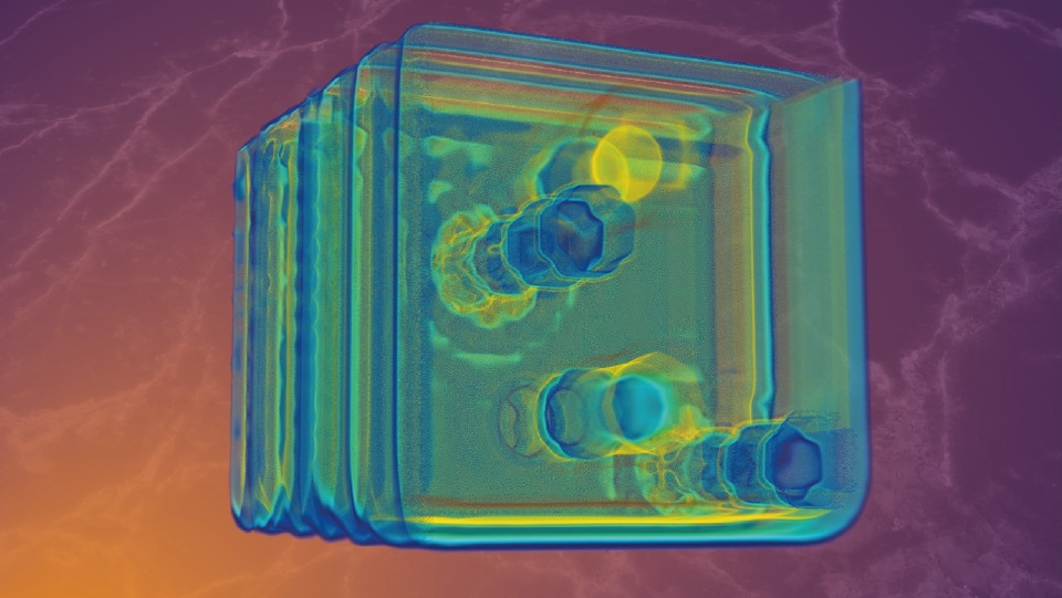 Microscopic, metallic objects distributed throughout a 3D cube. Metallic objects were imaged using the terahertz wave camera and then combined with an artistic, rendered image. 