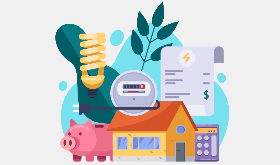 Illustration showing a house, meter reader for energy, a light bulb, a piggy bank, an energy bill and a calculator.