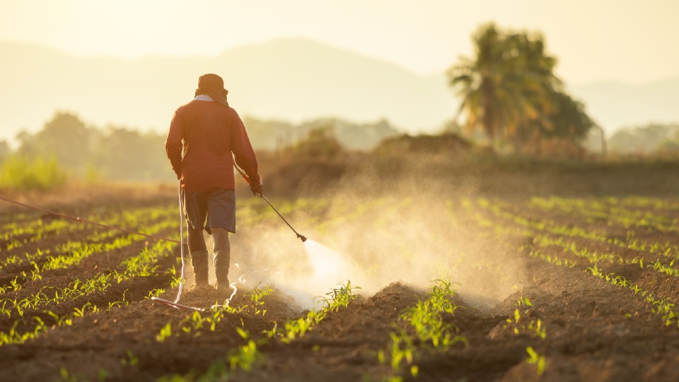 Pictured is a farmer spraying their crops with a water mist, with mountains in the background. The image is in yellow tones, making the climate appear warm.