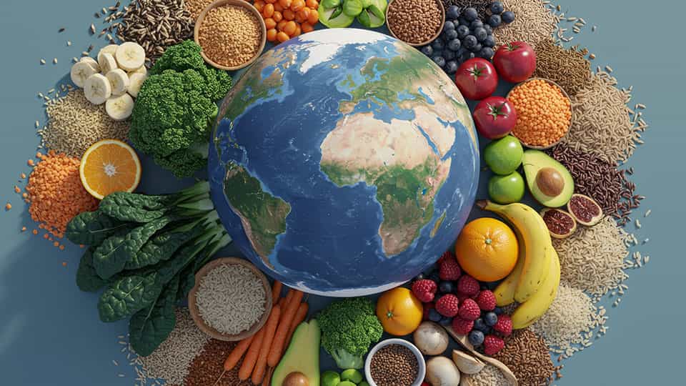 Globe surrounded by fruit, vegetables and grains