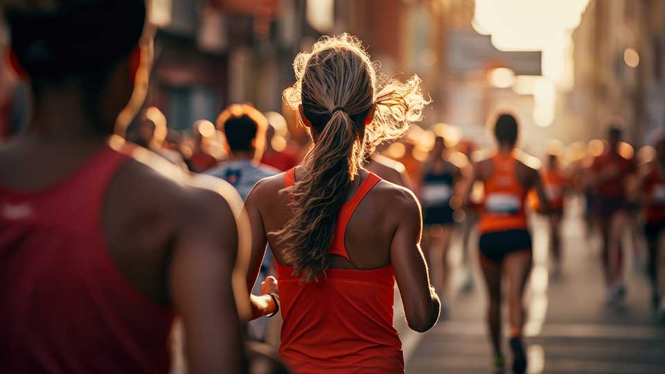 Runners participating in a road race, seen from behind in warm sunlight.