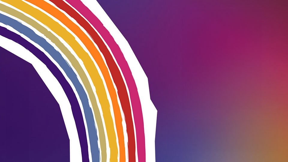 A sketch style rainbow on a colourful gradient background.