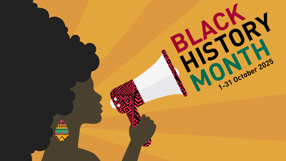 Illustration for Black History Month featuring a silhouette holding a patterned megaphone against an orange background with rays. Text reads: Black History Month, 1 - 31 October 2025.