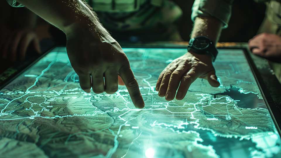 A image displays two hands reaching towards an illuminated digital map.