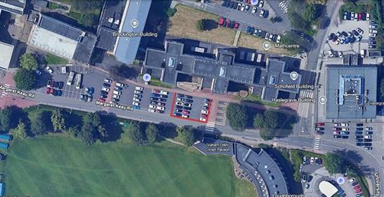 An arial view of Car Park 18 with highlighted red areas.