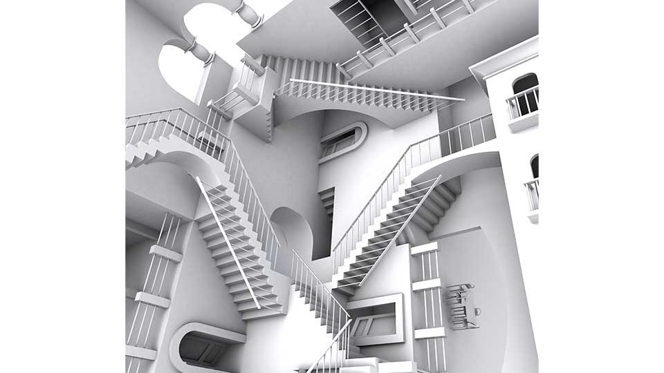 A 3D image of a stairway inside a building, showcasing steps and railings in a modern architectural design.