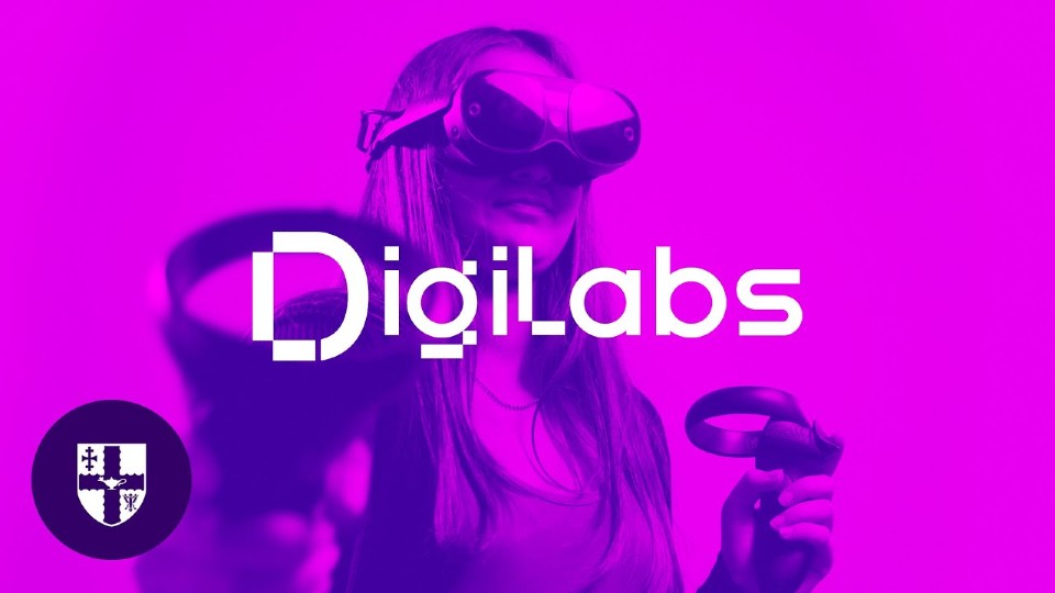 Pink and purple image of a person using a VR headset with the DigiLabs logo layered on top.