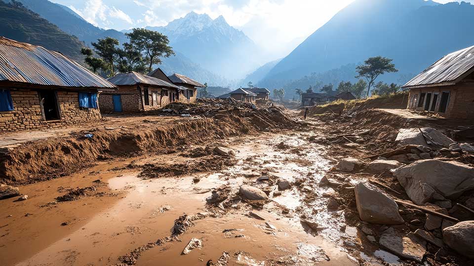 A village engulfed in mud and debris, showcasing the aftermath of a recent natural disaster.