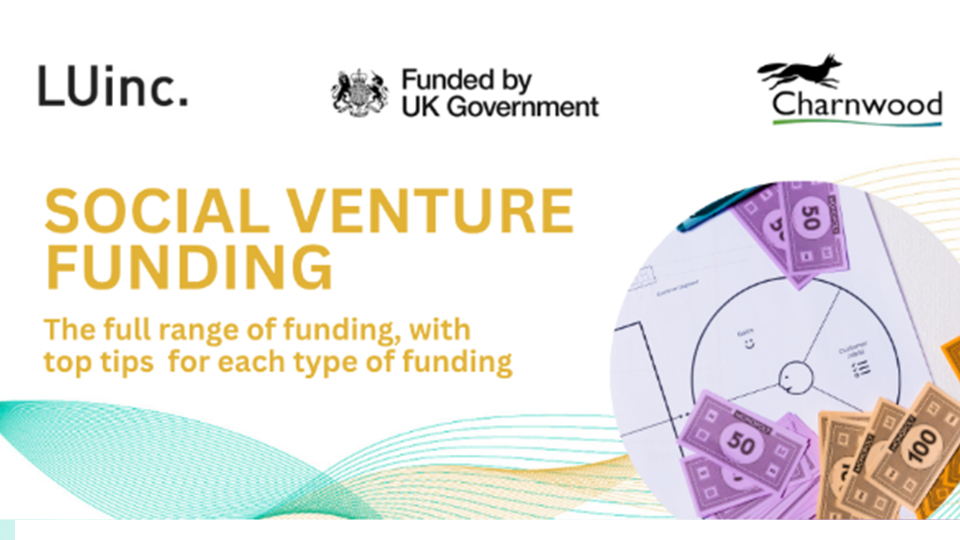 Banner for Social Venture Funding event with logos of LUinc., UK Government, and Charnwood. Text reads: ‘Social Venture Funding – The full range of funding, with top tips for each type of funding.’ Includes an image of a board game with purple and brown play money.