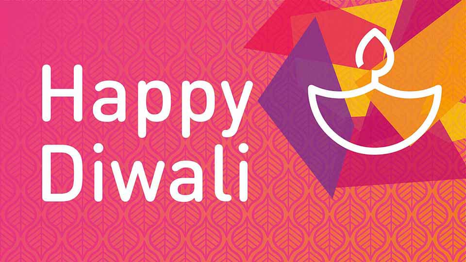Diwali lamp illustration in various shades of red and purple next to text reading 'Happy Diwali'