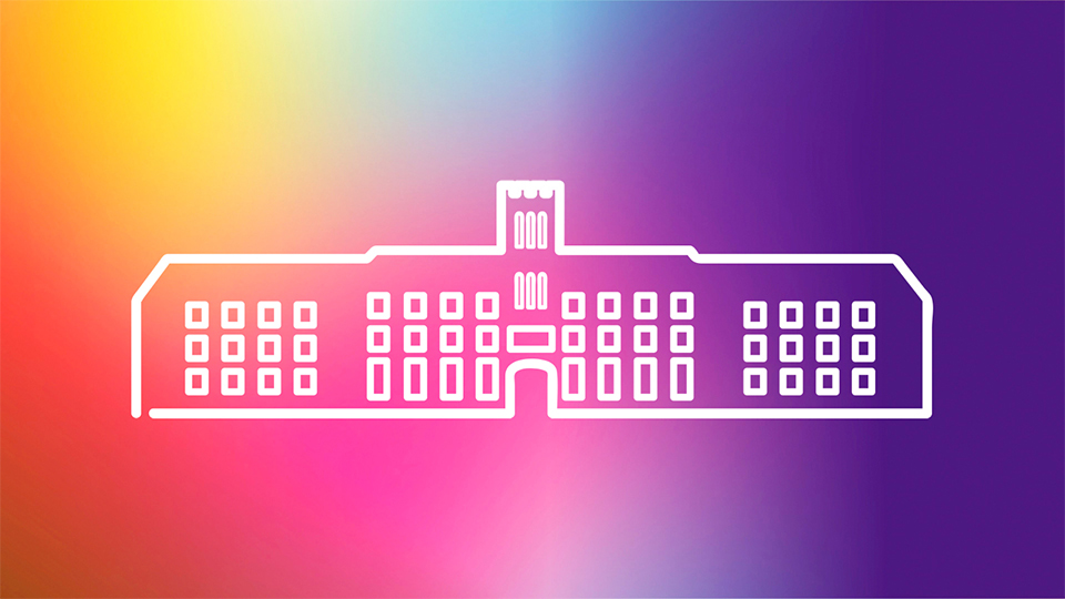 A rainbow gradient background with an icon of the Hazlerigg Building over the top