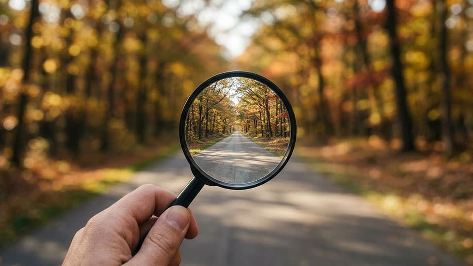 Magnifying glass with a road and trees in the background
