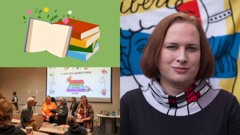 Close-up of Juliet Jacques alongside an illustration of books and an image of people networking at a literary festival event.
