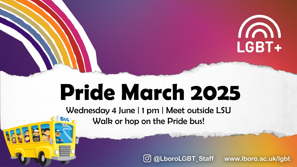 Event poster with the title 'Pride March 2025' with rainbow graphics, LGBT+ logo and a cartoon bus.