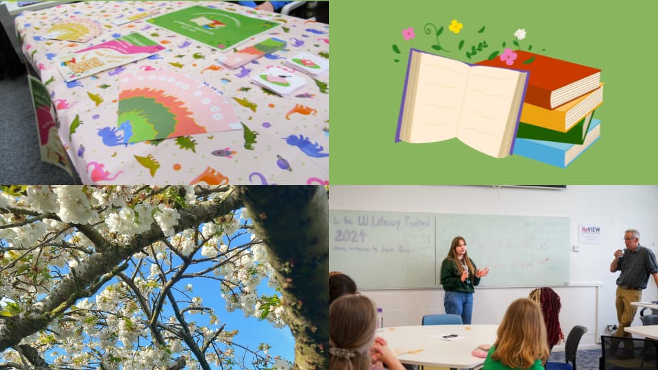 An image of handmade bookmarks, a pile of books, close-up of flowers on a tree, and a person giving a talk.
