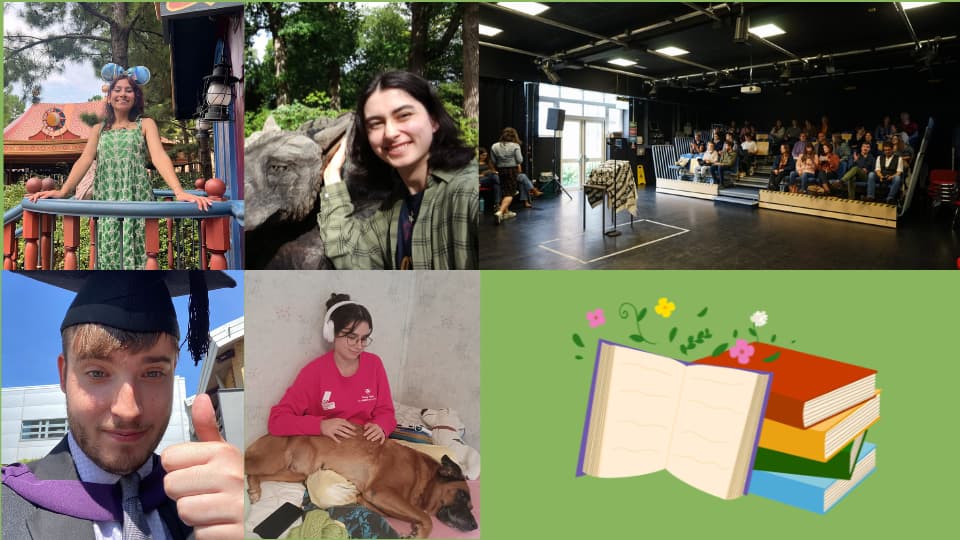 Close-ups of four students alongside a photo from an open mic night and an illustration of books.