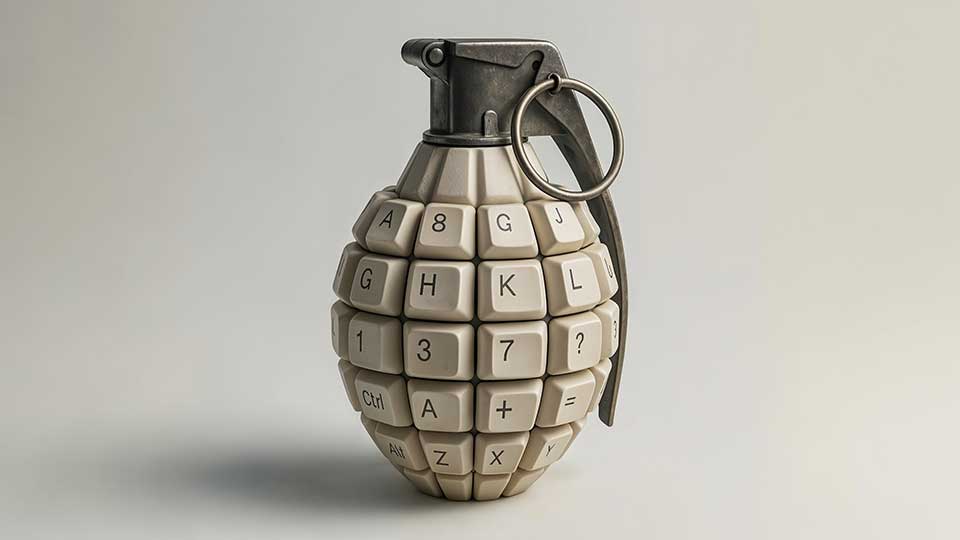 A hand grenade made from computer keyboard keys.