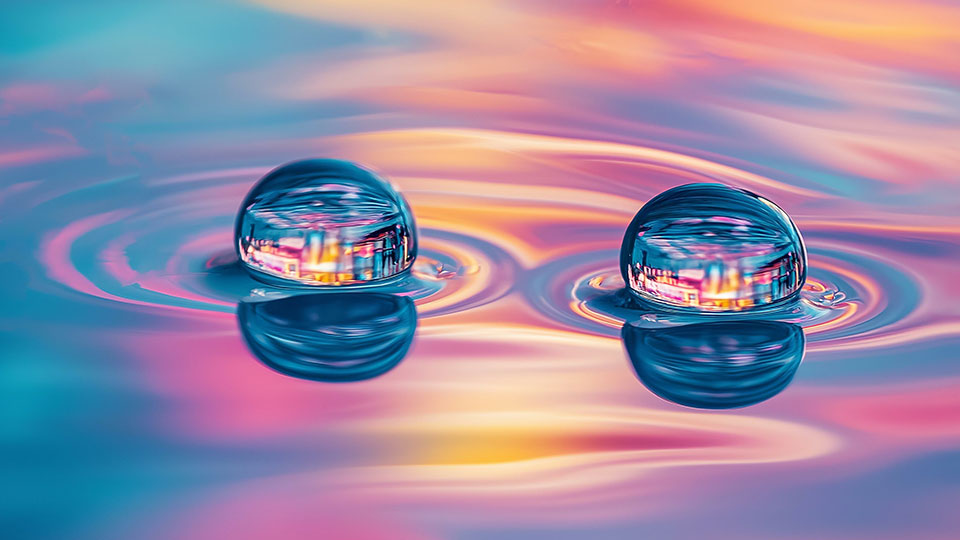 Two water drops glisten on a vibrant, colourful background of water.