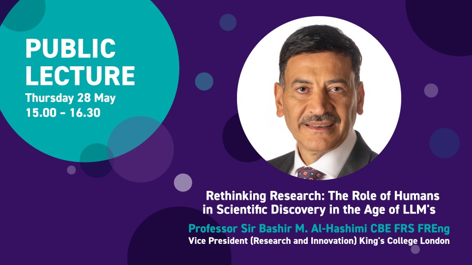 Close-up of Professor Sir Bashir M. Al-Hashimi CBE FRS FREng inside a circle frame on a purple background alongside the event details.