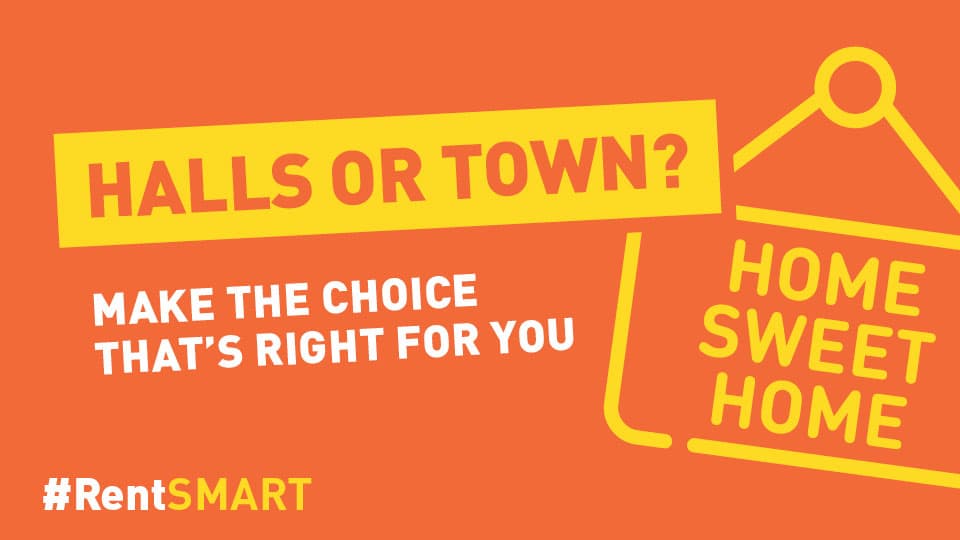 'Halls or town' in yellow font on an orange background