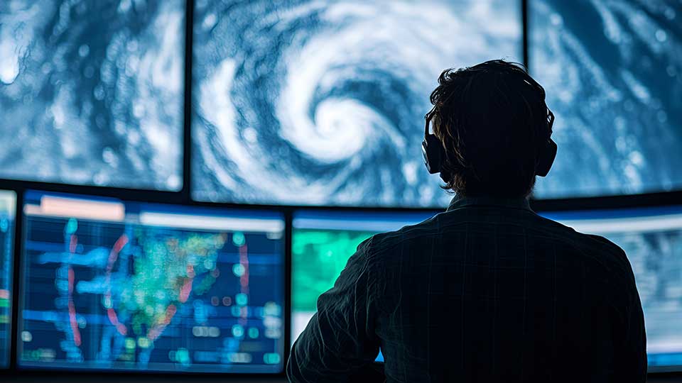 A person observing weather patterns on multiple screens