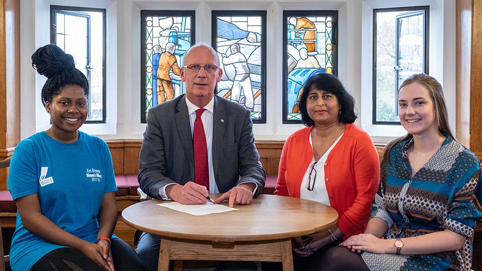 Pictured from the left is Loughborough Students' Union (LSU) Women's Officer Kes Brown, Vice-Chancellor Professor Robert Allison, University Equality and Diversity Adviser Abida Akram, and LSU Welfare and Diversity Executive Officer Hannah Keating.