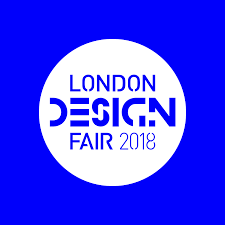 Blue and white logo of London Design Fair in a square