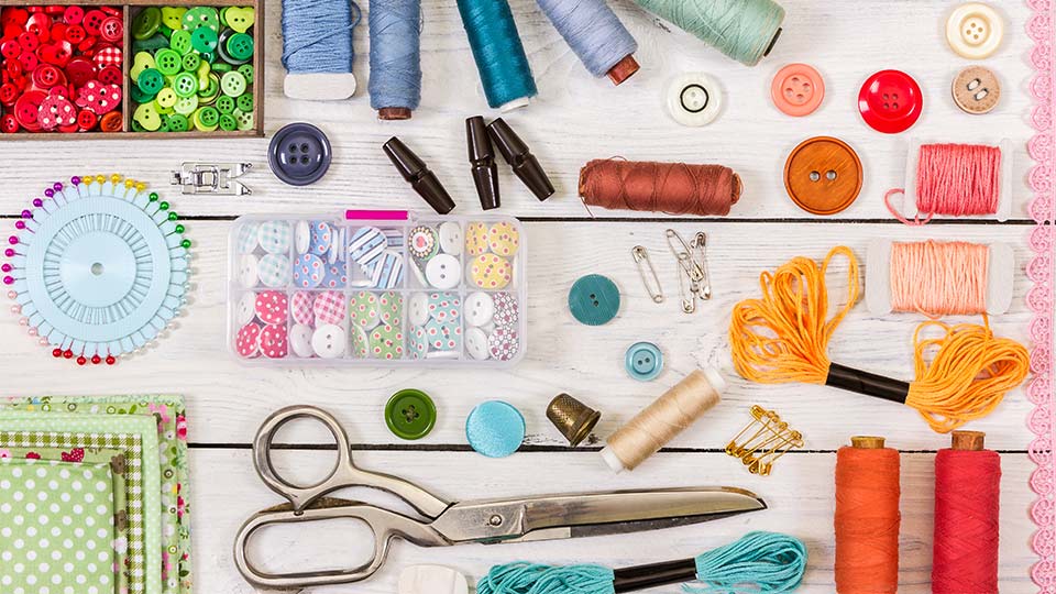 Pictured is a selection of items used for sewing. 