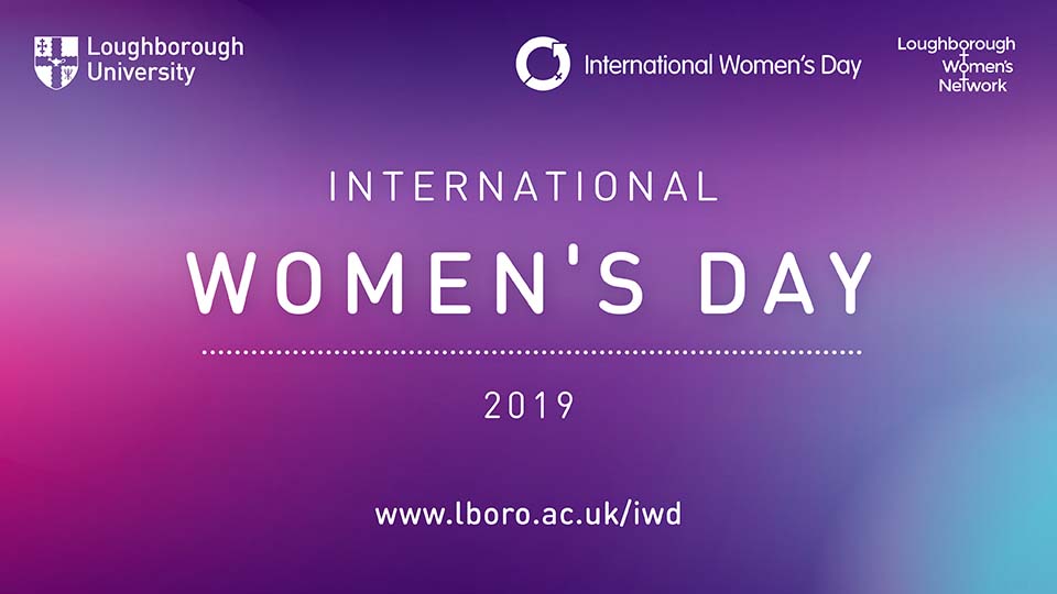 Graphic to promote International Women's Day - purple banner with text