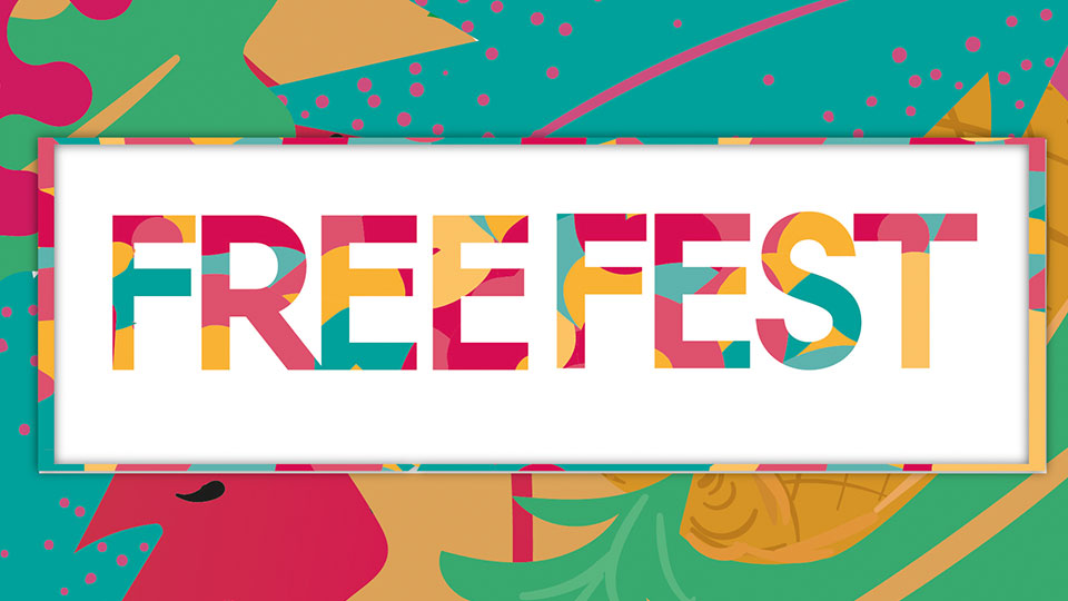 text of the words 'Freefest' on a colourful background