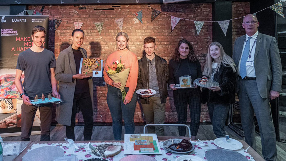 photo of VC Bob, Frances Quinn and student finalists of the Great Halls Bake Off in Cognitos