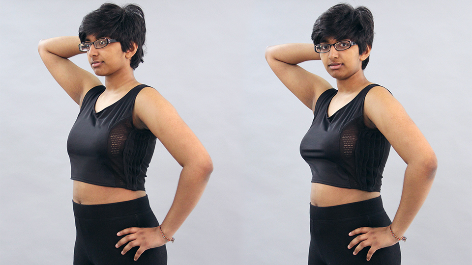 Two photos of Breathe being worn, showing before and after compression 