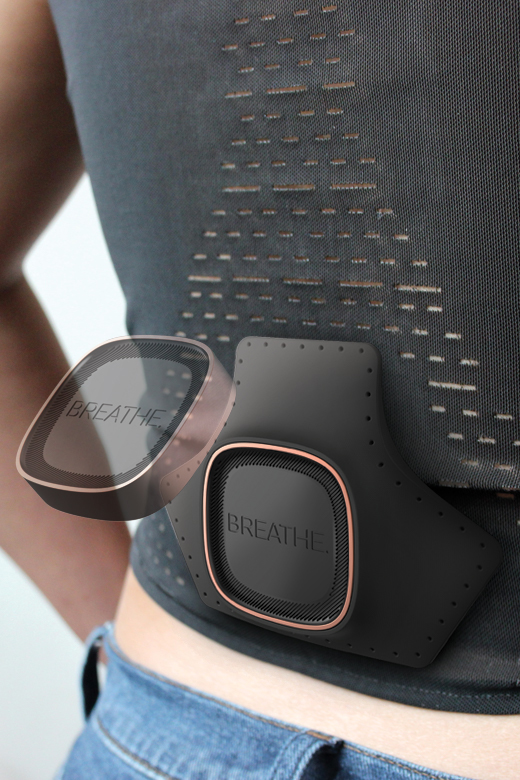 Image of the back of Breathe, showing the battery on the garment