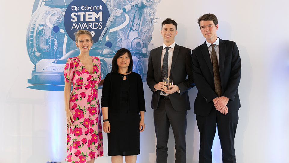 Rachel Riley, Felicity Fashade (BAE Systems), Nick Cawthra, Henry Bodkin (The Telegraph) at The Telegraph STEM Awards