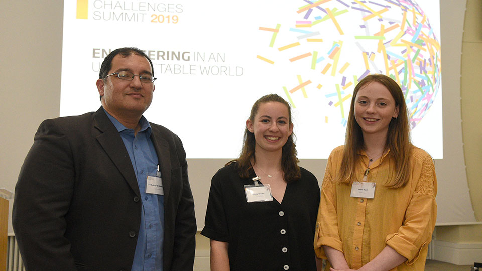 photo of second team Abbie and Chiara with their mentor Ashraf at the Global Grand Challenges Summit student competition