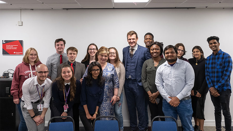 Emily Thornberry MP pictured with Stuart Brady, LSU exec members and Loughborough students.