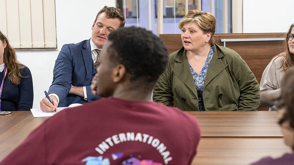 Emily Thornberry MP and Stuart Brady talking to students