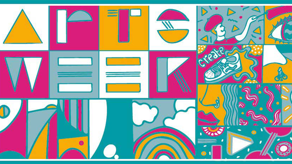 Colourful illustration with 'Arts Week' on the graphic, alongside patterns and small iconography