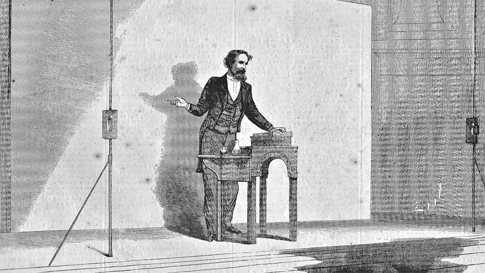 Drawing of Charles Dickens reading, sketched by C. A. Barry for Harper's Weekly