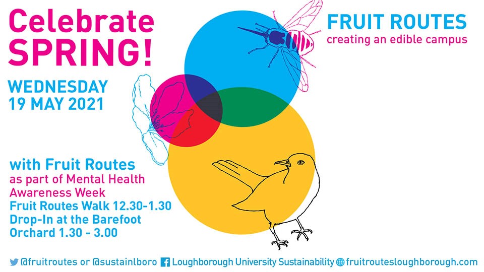 Fruit Routes info text with pink, blue and yellow circles with an illustration of a bird, a flower and an insect