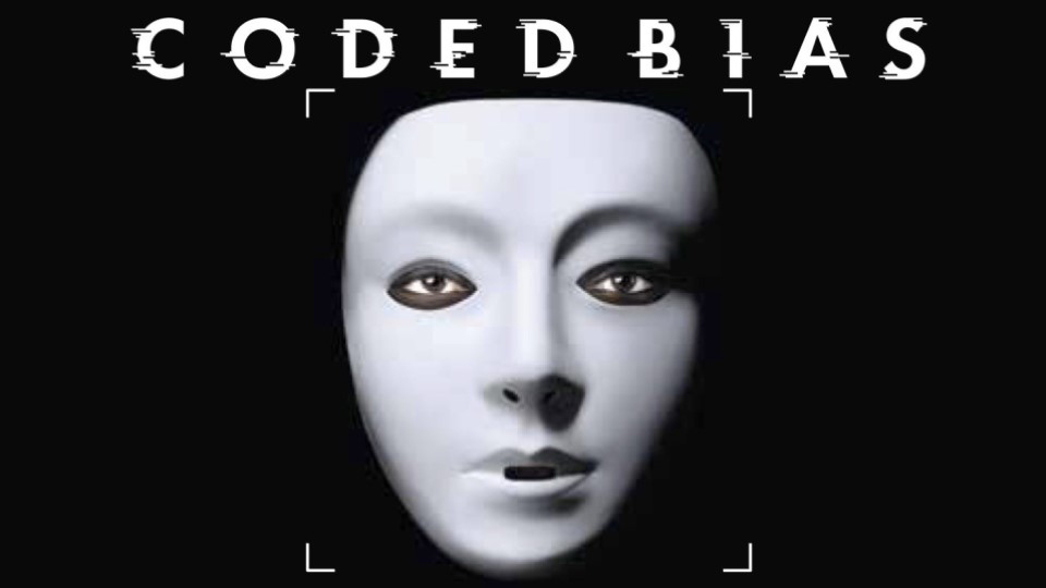Black background with a white mask in the centre with the words 'Coded Bias' along the top