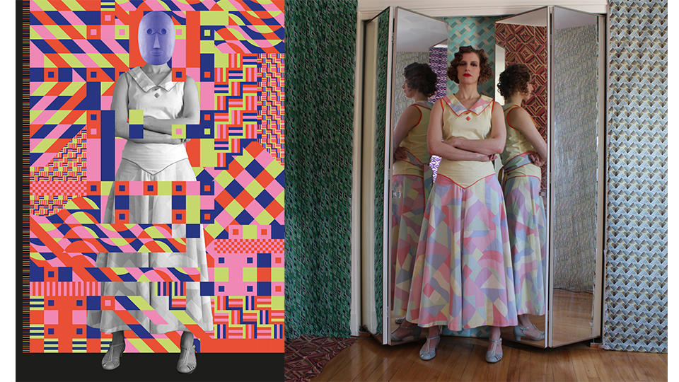 Photo of woman stood in Bauhaus costume in front of mirrors with artistic illustration of the photo alongside it