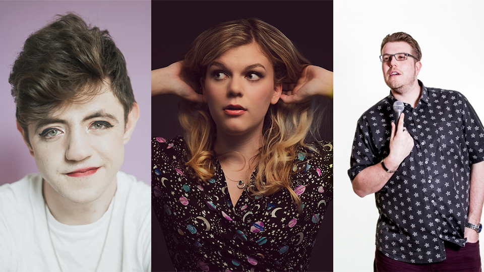 Headshots of the three comedians performing at Happy Mondays Comedy Club