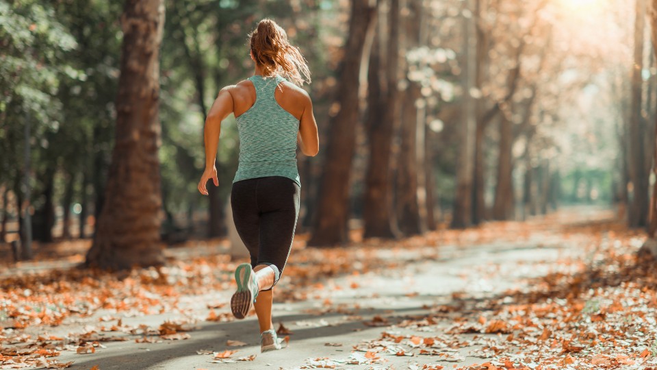 a woman jogging in the forest. 